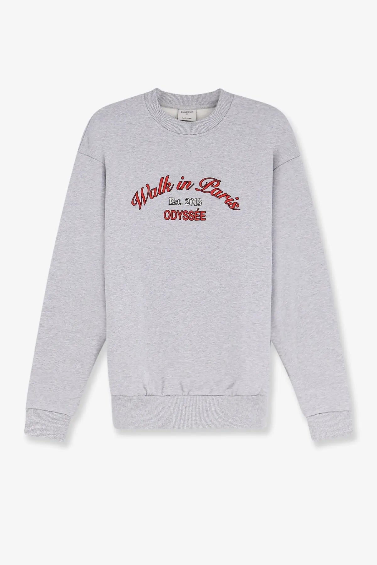 Heather gray men’s sweatshirt with red embroidered walk in paris and odyssee text on front made of soft fabric