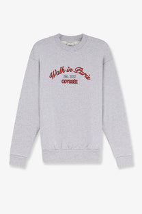 Heather gray men’s sweatshirt with red embroidered walk in paris and odyssee text on front made of soft fabric