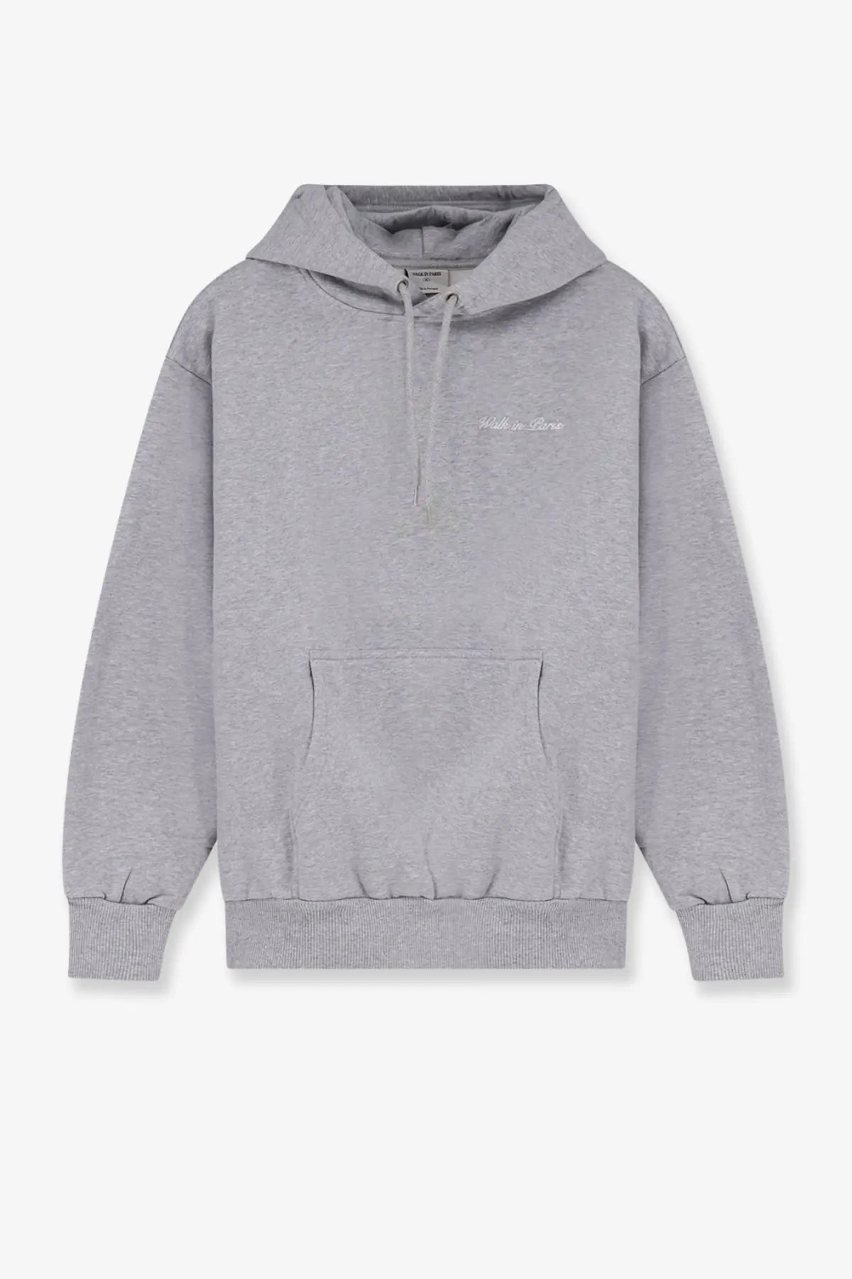 A heather gray walk in paris men’s timeless sweatshirt with a hood front pocket and subtle white embroidery on chest