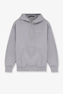 A heather gray walk in paris men’s timeless sweatshirt with a hood front pocket and subtle white embroidery on chest