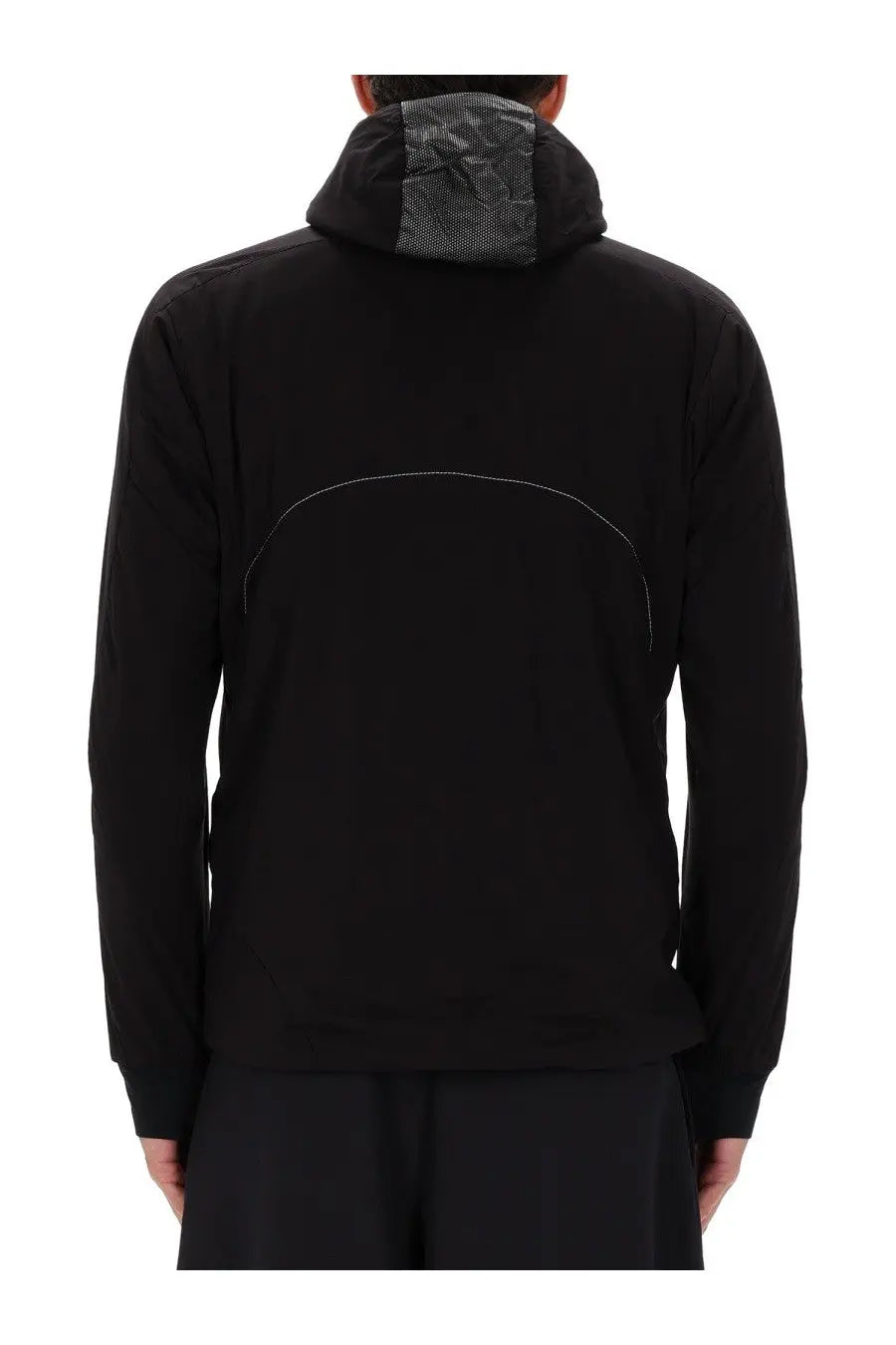 Back side of and wander men’s alpha air jacket black with subtle white stitch and dark gray textured neckline panel