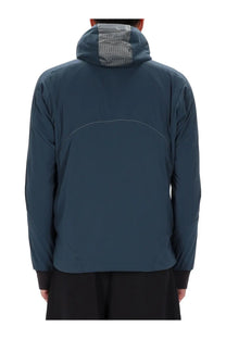 Back view of and wander men’s alpha air jacket in dark blue with a subtle gray mesh panel on the collar made for outdoor use