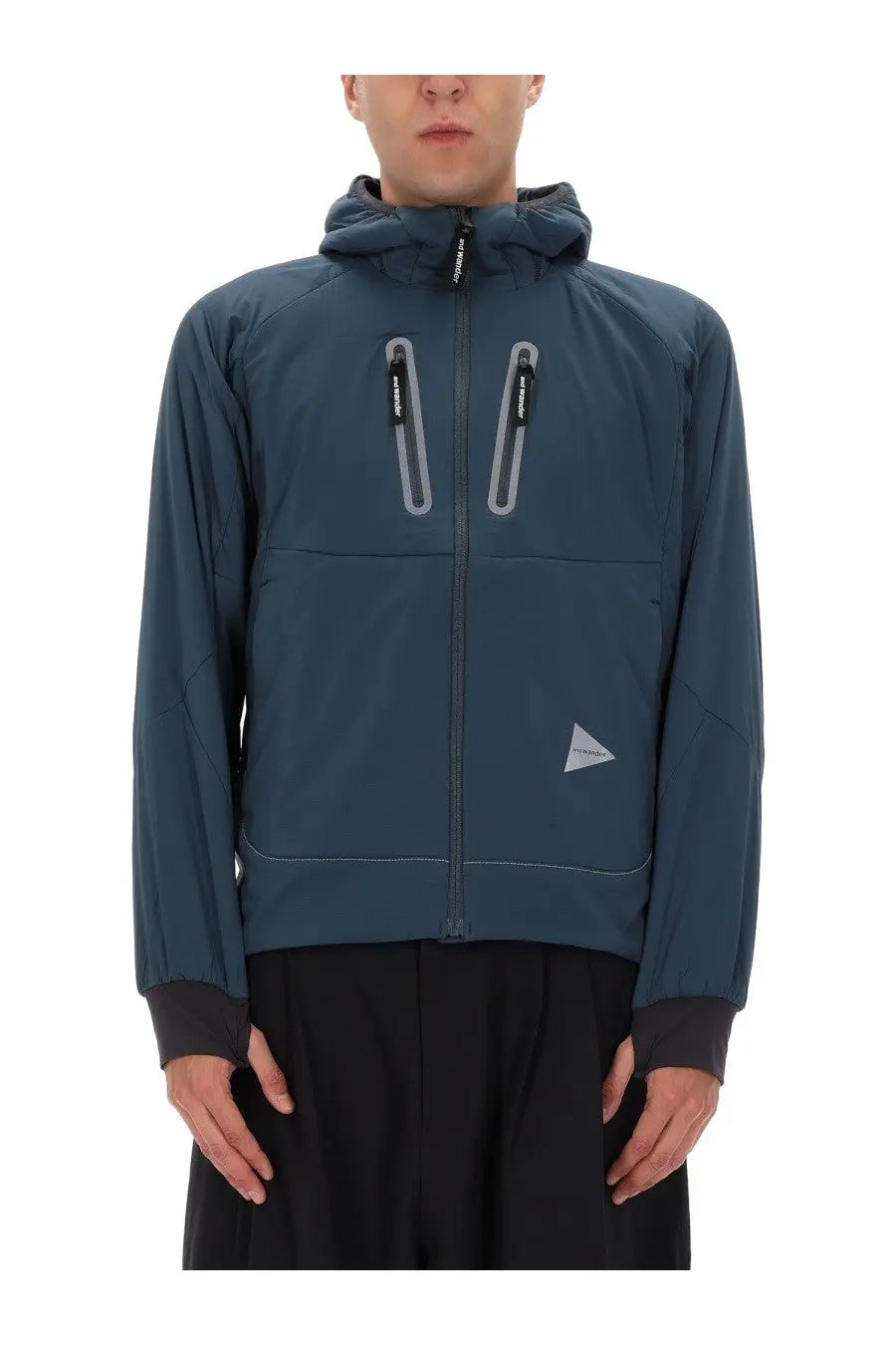 Men’s alpha air jacket blue by and wander dark teal hooded with reflective zipper pulls and triangular logo patch