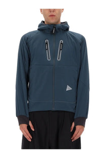 Men’s alpha air jacket blue by and wander dark teal hooded with reflective zipper pulls and triangular logo patch