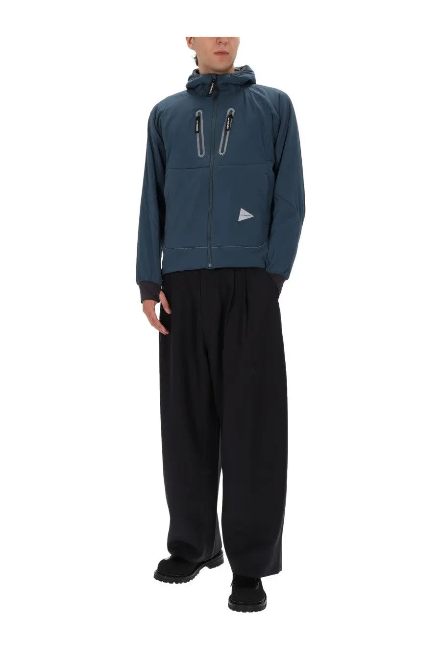 And wander men’s alpha air jacket blue dark teal hooded with zippered pockets and white triangular logo on chest