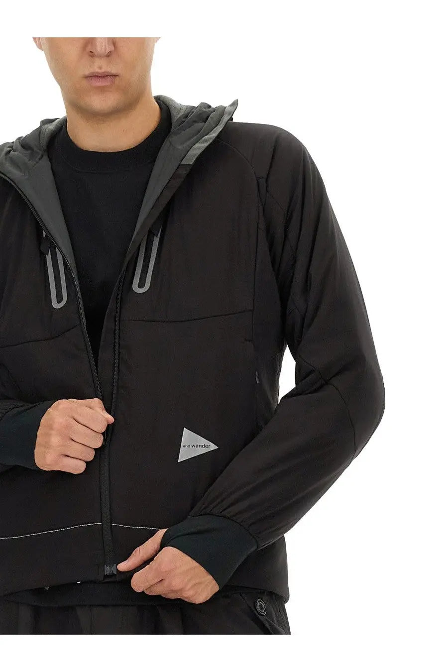 And wander men’s alpha air sweatshirt black black hooded jacket with gray accents and reflective zipper pulls