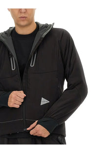 And wander men’s alpha air sweatshirt black black hooded jacket with gray accents and reflective zipper pulls