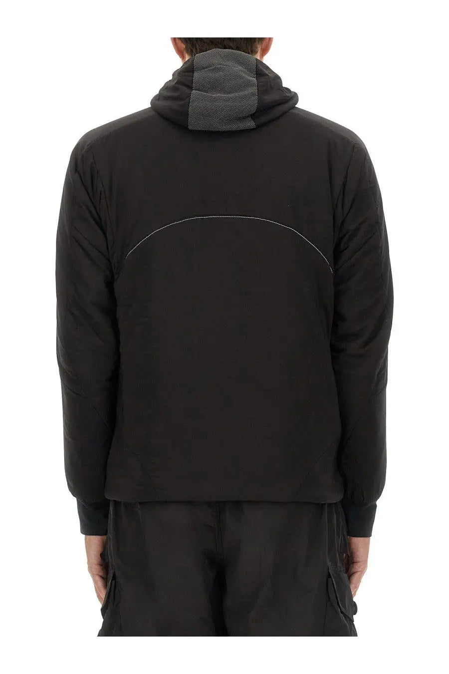 And wander men’s alpha air sweatshirt black showing back with black puffer material gray textured hood lining and white stitching