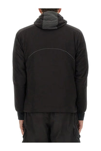 And wander men’s alpha air sweatshirt black showing back with black puffer material gray textured hood lining and white stitching