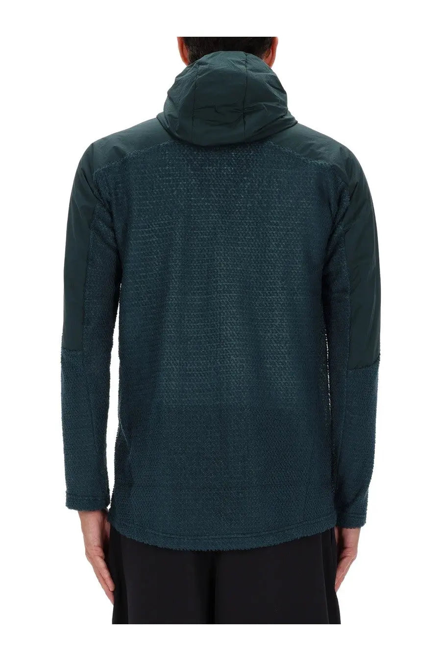 And wander men’s alpha direct jacket green dark teal hooded jacket with woven textured pattern on the back and sleeves