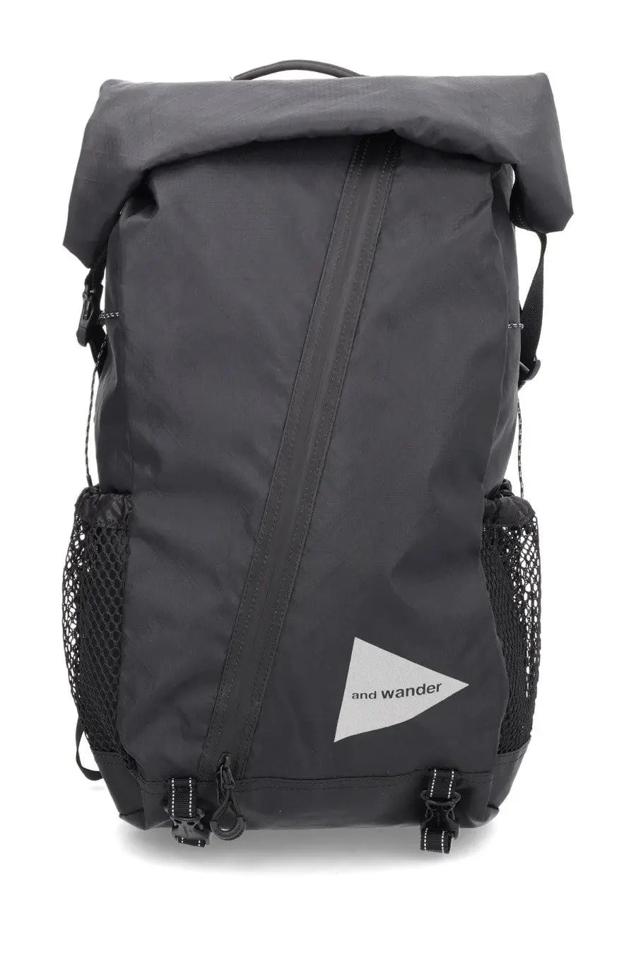 And wander mens backpack ecopack 18l black roll-top with mesh side pockets and white triangular logo