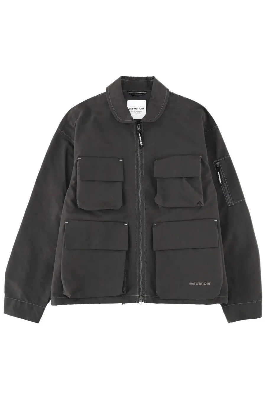 T and wander men’s grey cotton blend utility jacket with multiple flap pockets and central zipper with subtle branding