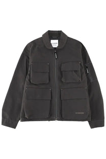 T and wander men’s grey cotton blend utility jacket with multiple flap pockets and central zipper with subtle branding
