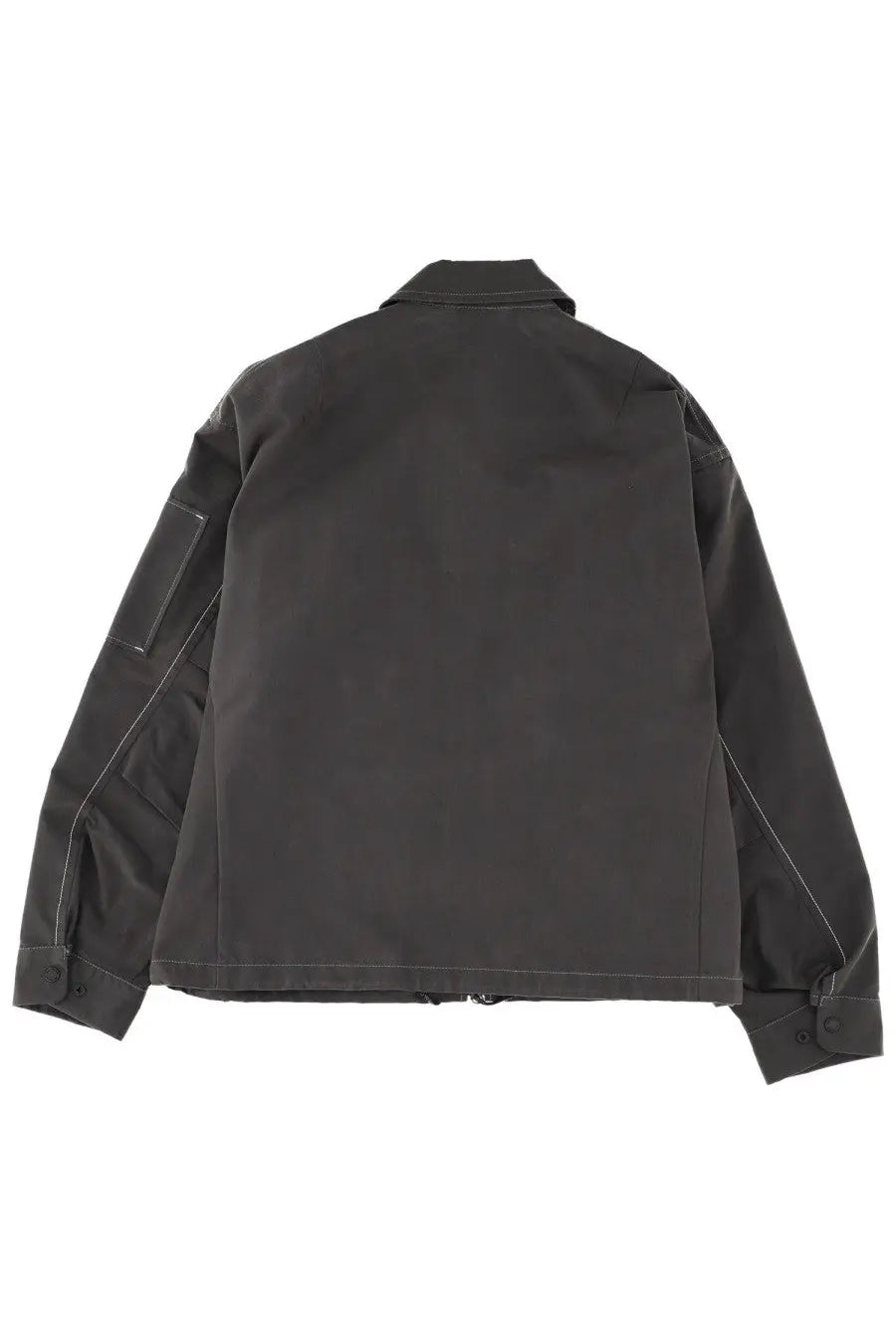 Mens cotton blend dark gray utility jacket with white stitching and modern structured design by and wander