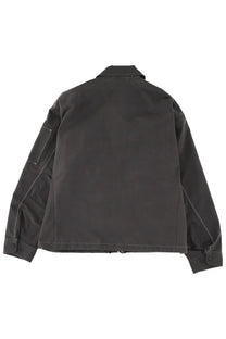 Mens cotton blend dark gray utility jacket with white stitching and modern structured design by and wander