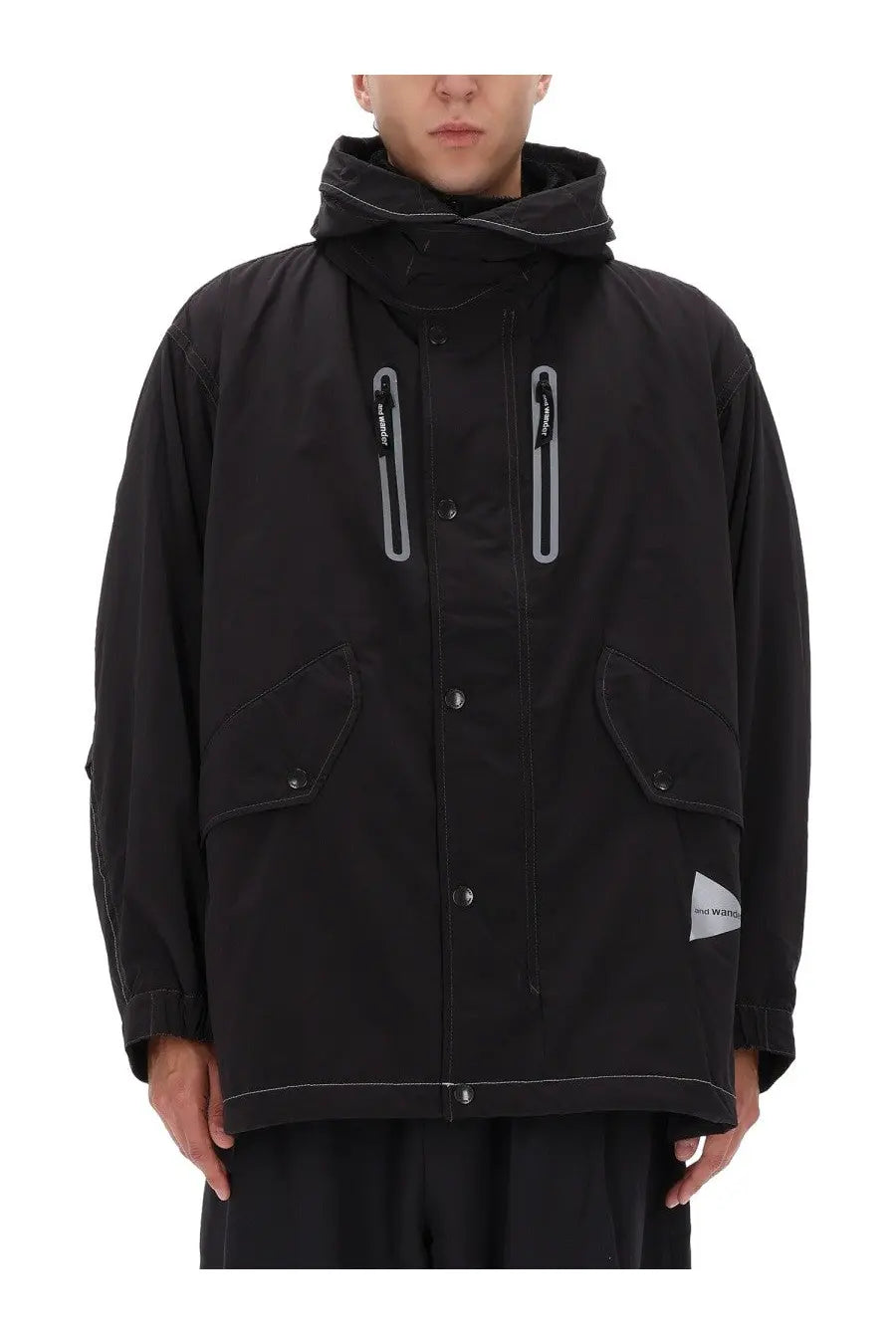And wander men’s fishtail octa black hooded jacket with reflective zipper pulls and triangular brand tag on sleeve