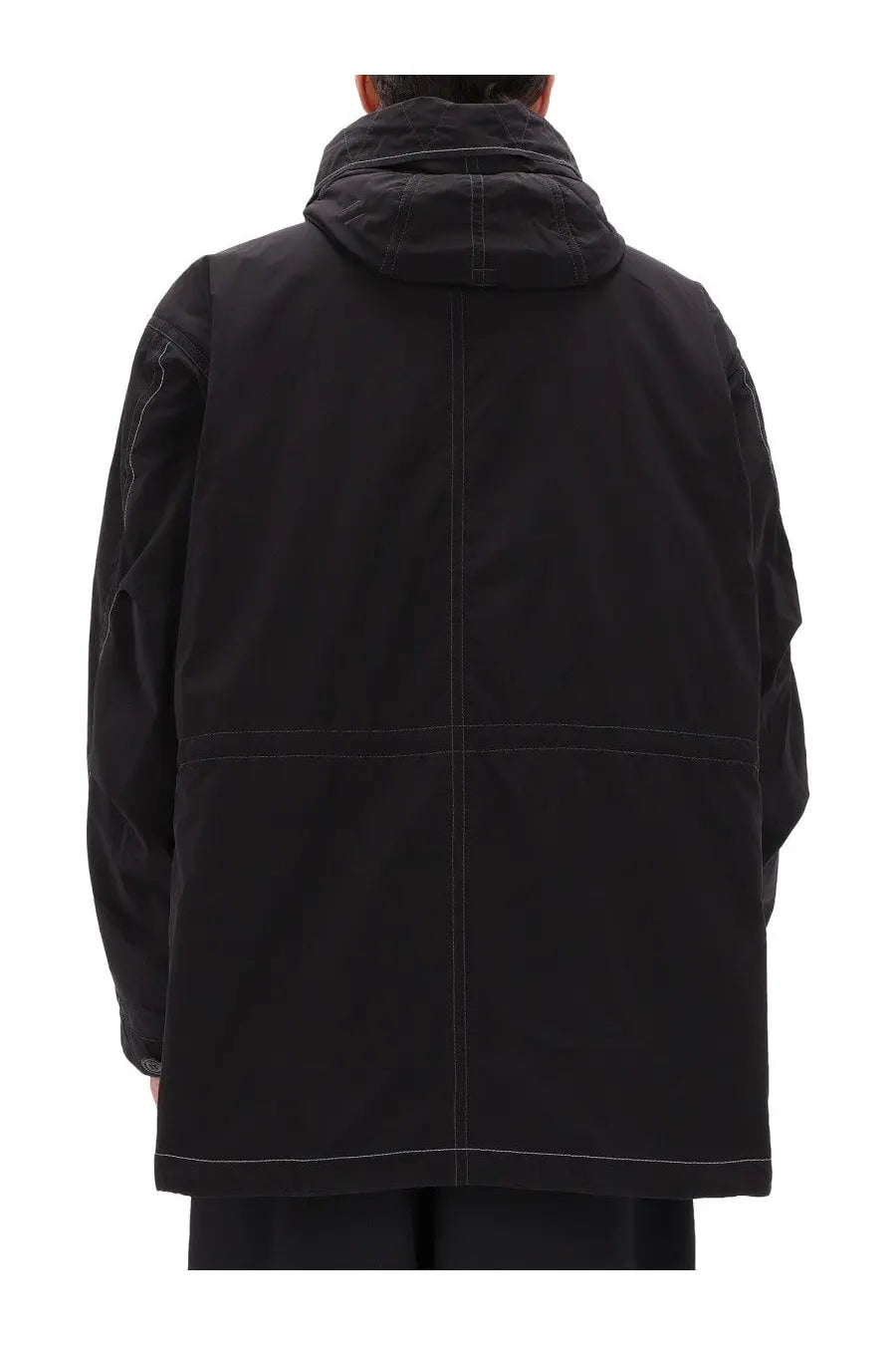 And wander men’s fishtail octa jacket black with black hood and contrasting white stitching along seams and pockets