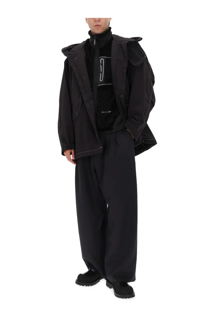 And wander men’s fishtail octa jacket black oversized utility jacket with structured shoulders and hood