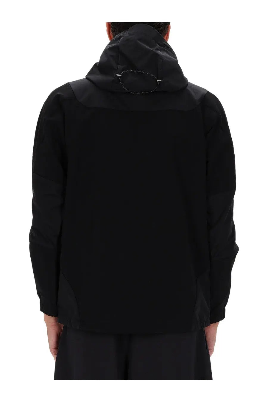 And wander men’s black hooded jacket with sleek modern design and subtle paneling, front view