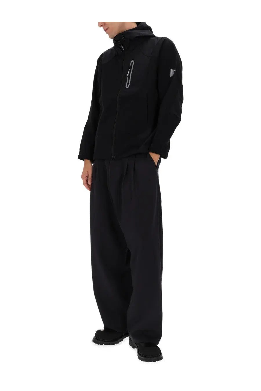 And wander men’s jacket black black hooded jacket with subtle silver zipper pull and reflective logo on chest