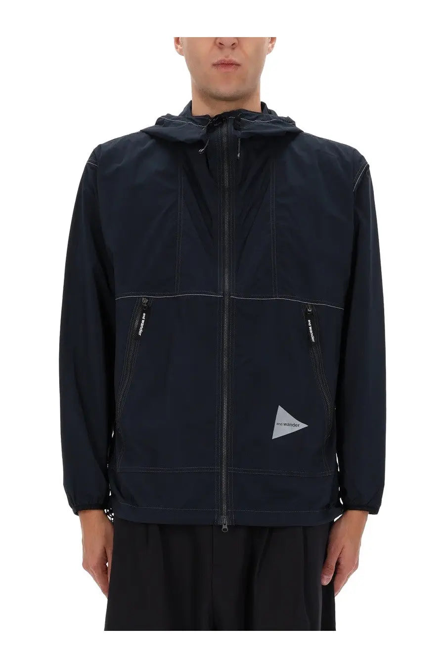 And wander men’s jacket partex blue black hooded jacket with sleek minimalist design and subtle white stitching