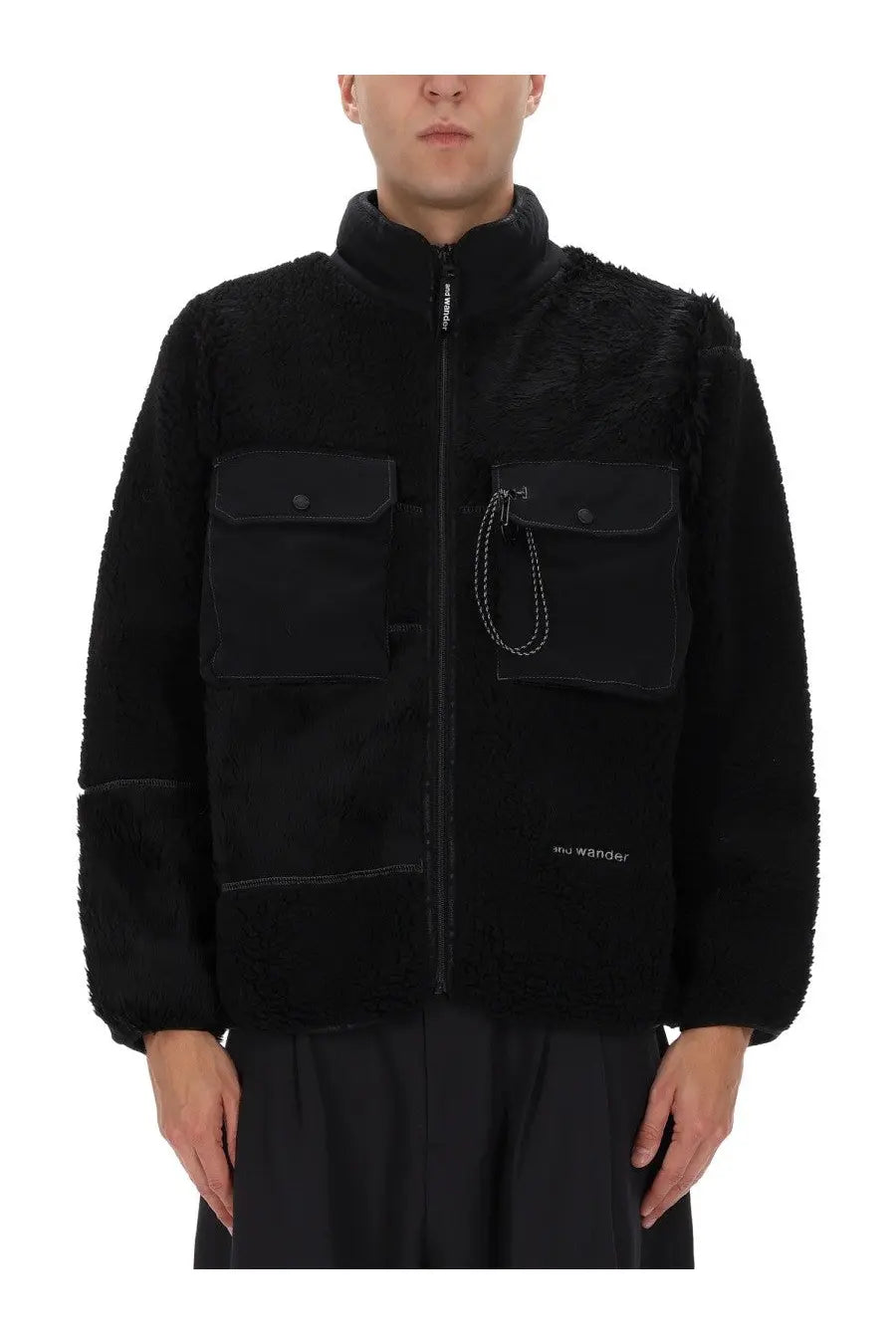 Men’s and wander black mix boa jacket with shearling trim, two front pockets, and zipper closure utility style