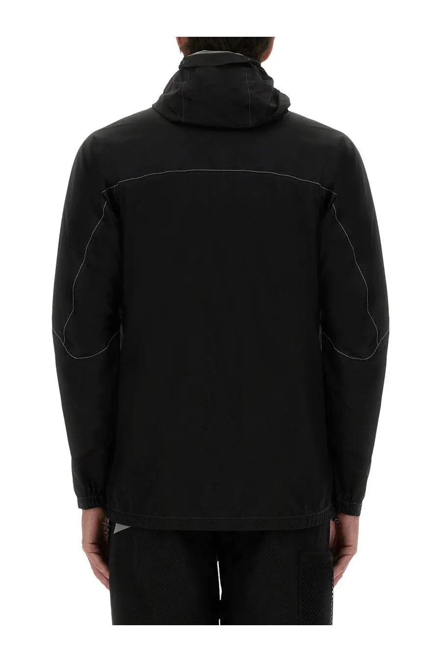 And wander men’s ul jacket black with black hood and subtle white stitching along seams and panels