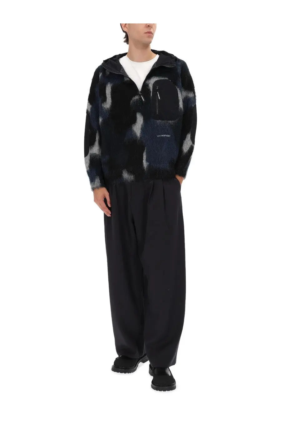 And wander men’s black and gray abstract patterned fleece hoodie with front zipper chest pocket and hood