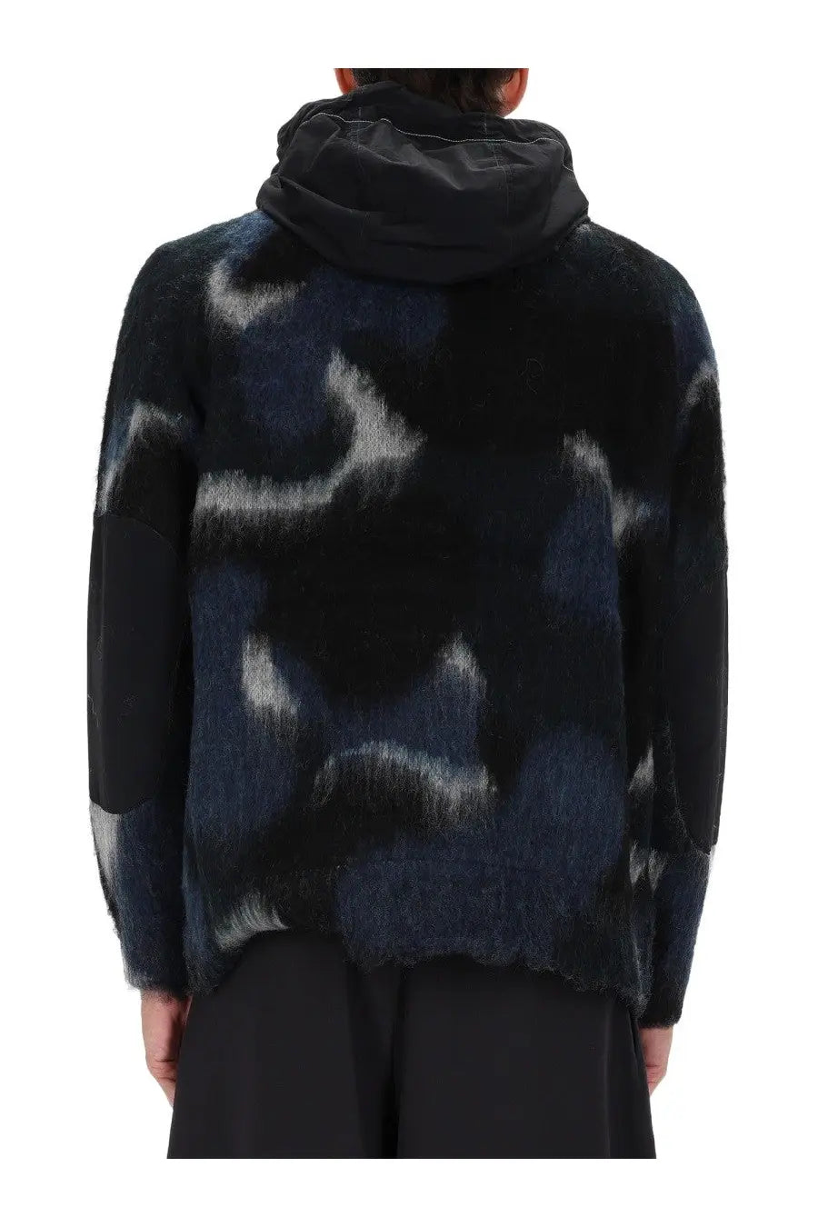 And wander men’s zipper hooded sweater black in navy and black faux fur with a textured mottled pattern