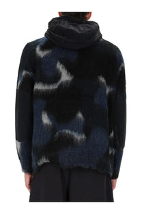 And wander men’s zipper hooded sweater black in navy and black faux fur with a textured mottled pattern