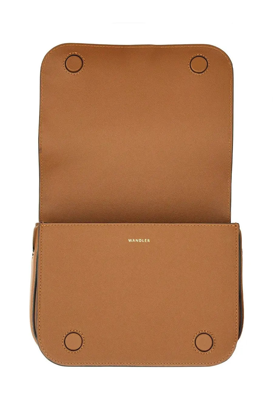 Wandler women’s medium oscar trunk bag in brown tan leather with minimalist design and subtle stitching details