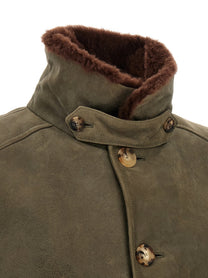 Brunello Cucinelli Waxed Shearling Bomber Jacket Green, view 5