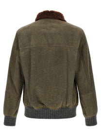 Brunello Cucinelli Waxed Shearling Bomber Jacket Green, view 2