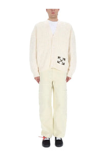 Off-White men’s beige cream-colored knit cardigan with a black logo patch on the left chest for casual wear