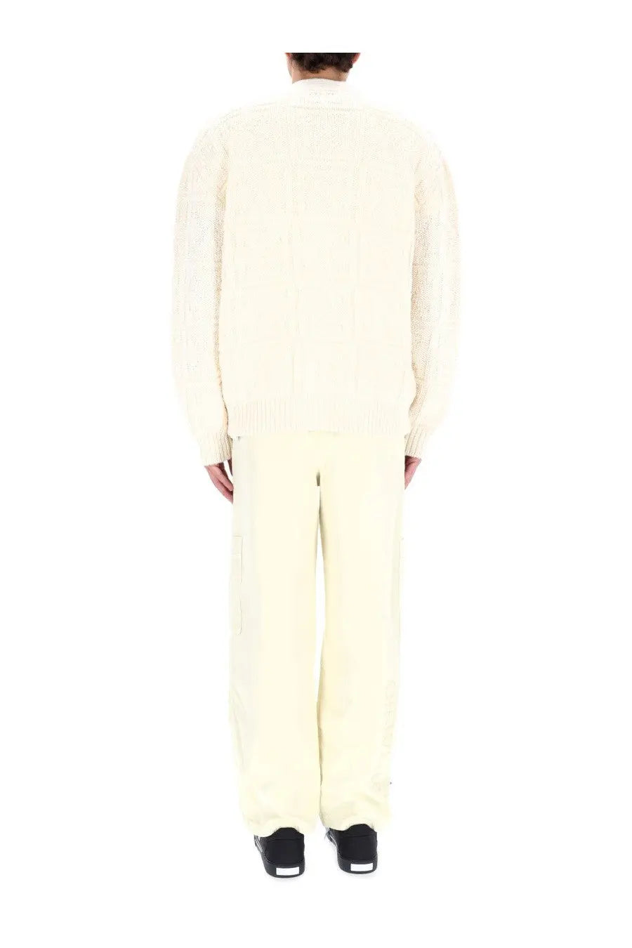 Off-white men’s arrow stitch cardigan beige cream-colored knit with textured ribbed pattern and long sleeves