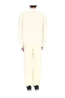 Off-white men’s arrow stitch cardigan beige cream-colored knit with textured ribbed pattern and long sleeves