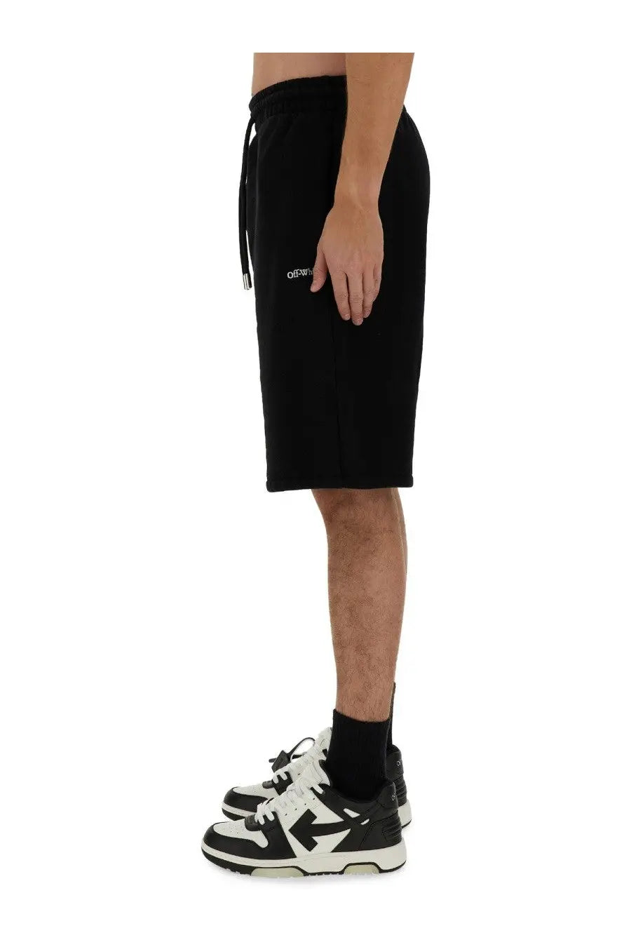 Off-white men’s bermuda black cotton shorts with drawstring waistband and subtle white logo on left thigh