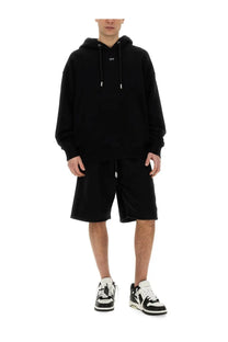 Off-white men’s bermuda black hoodie in black with white drawstrings and a small logo on the chest