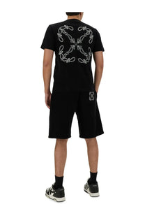 Off-white men’s bermuda black short-sleeved t-shirt showing the back with white embroidered pattern
