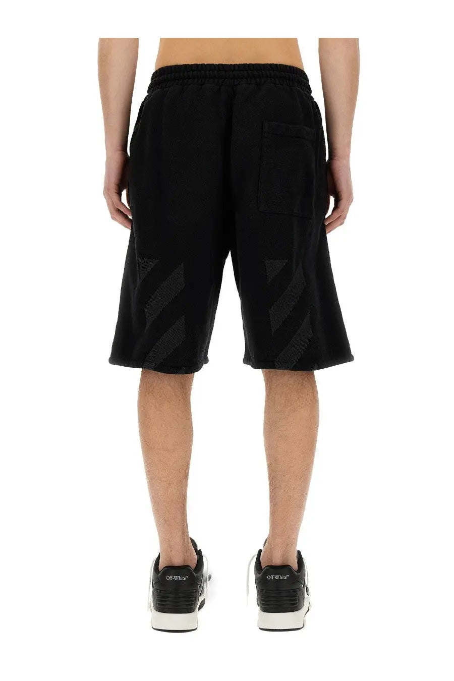 Off-white men’s bermuda black sweat shorts with diagonal striped pattern and side pocket for casual wear