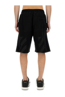 Off-white men’s bermuda black sweat shorts with diagonal striped pattern and side pocket for casual wear