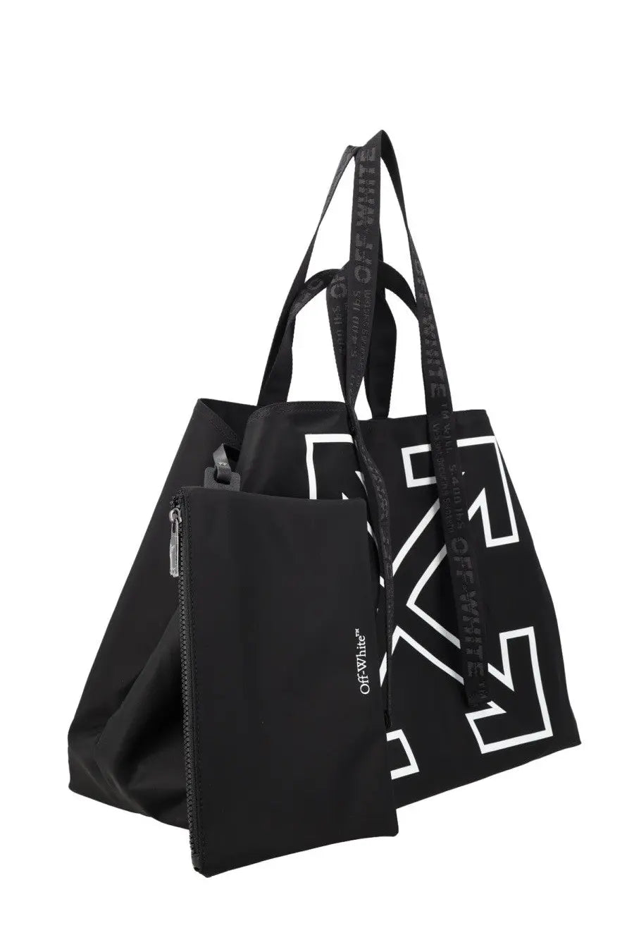 Off-White men’s black tote bag with bold white arrow logo and repeating brand text on fabric handles