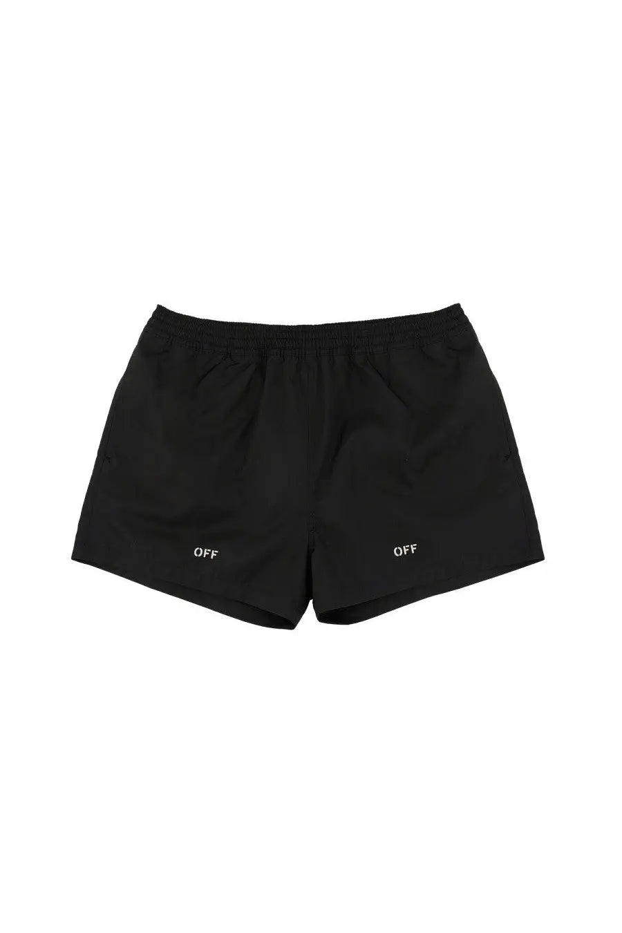 Off-White men’s black boxer swimsuit with elastic waistband and white off branding embroidered on each leg