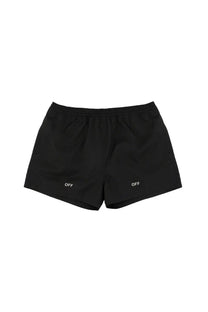 Off-White men’s black boxer swimsuit with elastic waistband and white off branding embroidered on each leg