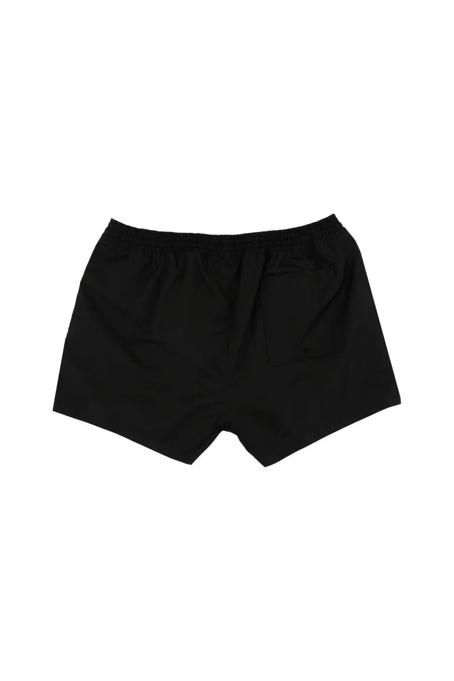 Off-white men’s black boxer swimsuit showing the back side with elastic waistband and single back pocket