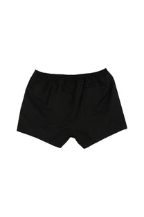 Off-white men’s black boxer swimsuit showing the back side with elastic waistband and single back pocket