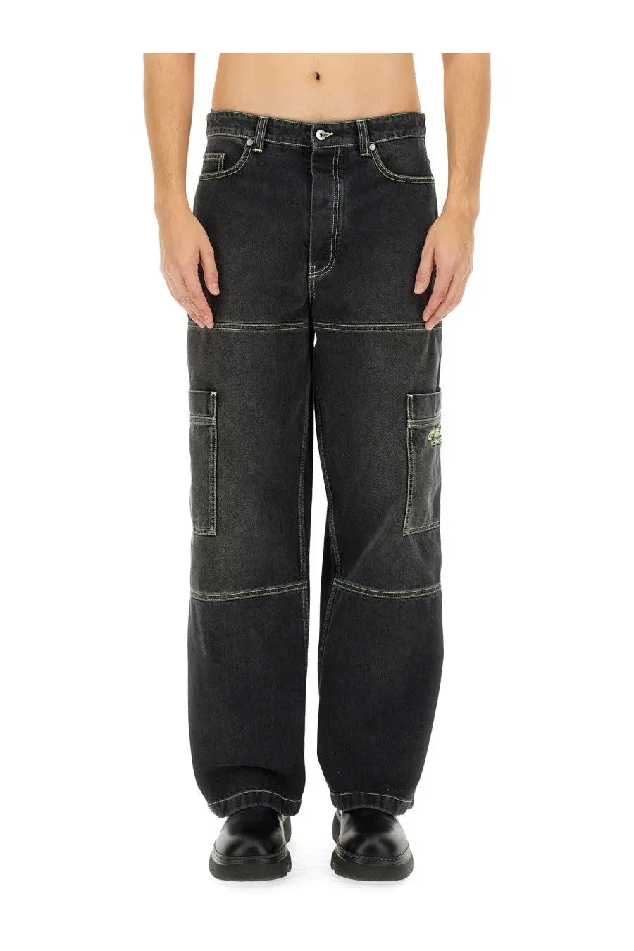Off-white men’s black denim cargo jeans featuring contrasting white stitching and large patch pockets