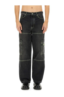 Off-white men’s black denim cargo jeans featuring contrasting white stitching and large patch pockets