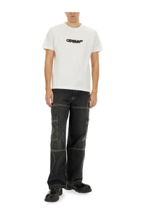 Off-white men’s cargo jeans black paired with a white off-white t-shirt featuring a black logo across the chest