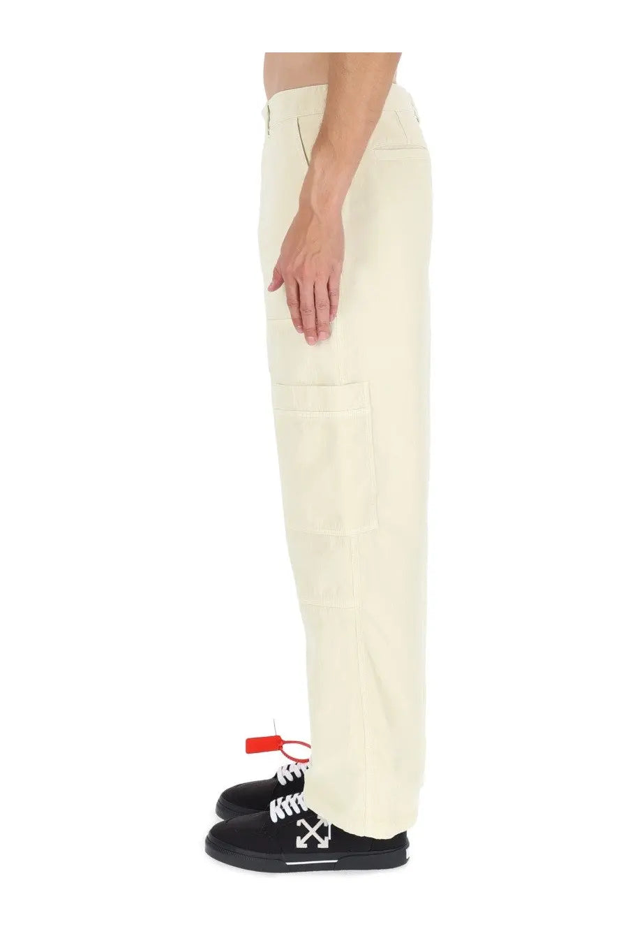 Off-white men’s beige cargo pants with relaxed fit cream color multiple pockets and logo on side seam